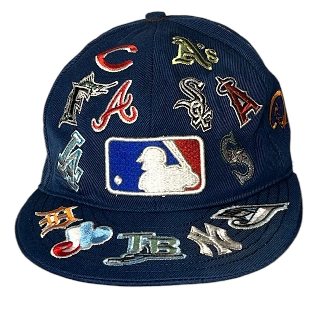 90s New Era All Over MLB Logo Hat, Fitted 7 1/8, Embroidered 30 teams Vintage